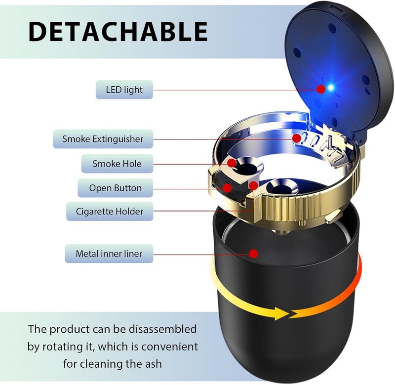 FSTURIOS Car Ashtray with Lid, Detachable Smokeless Auto Cup Holder Ashtray with LED Blue Light, Stainless Steel Ash Tray Portable Mini Vehicle Trash Can for Car Home Outdoor (Golden) - Image 5